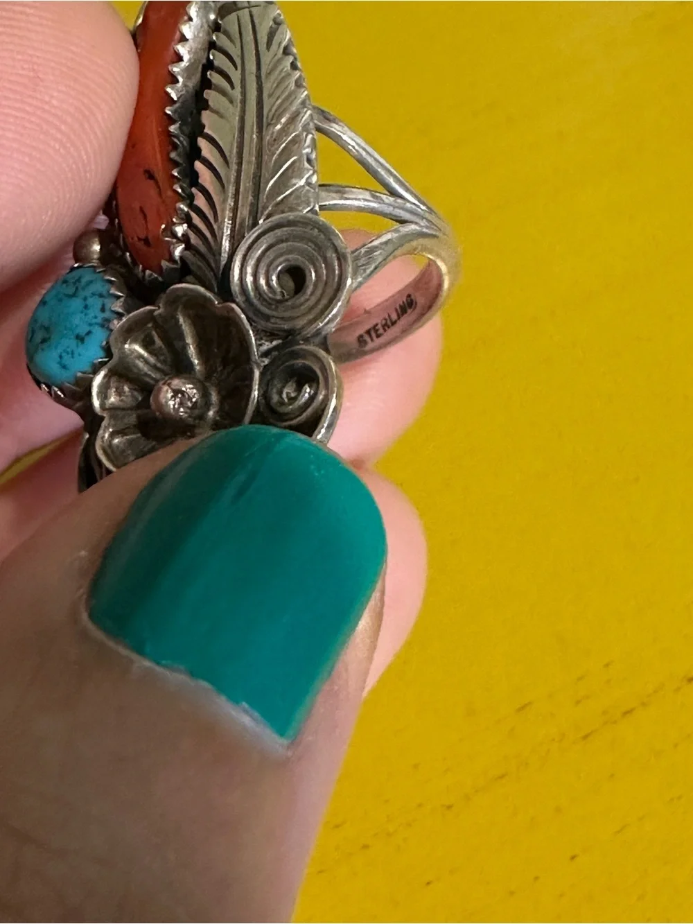 Vintage Blue Turquoise and Red Coral Ring, Native, Southwestern, Boho